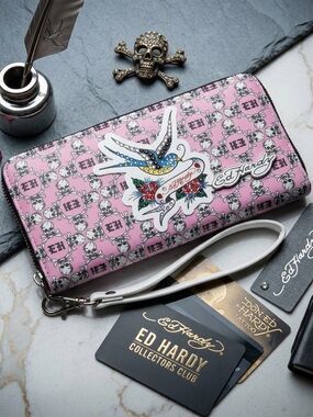 Ed Hardy “Swallows & Roses” with “EH” Monogram Zip-Around Wallet Bundle - EHW418